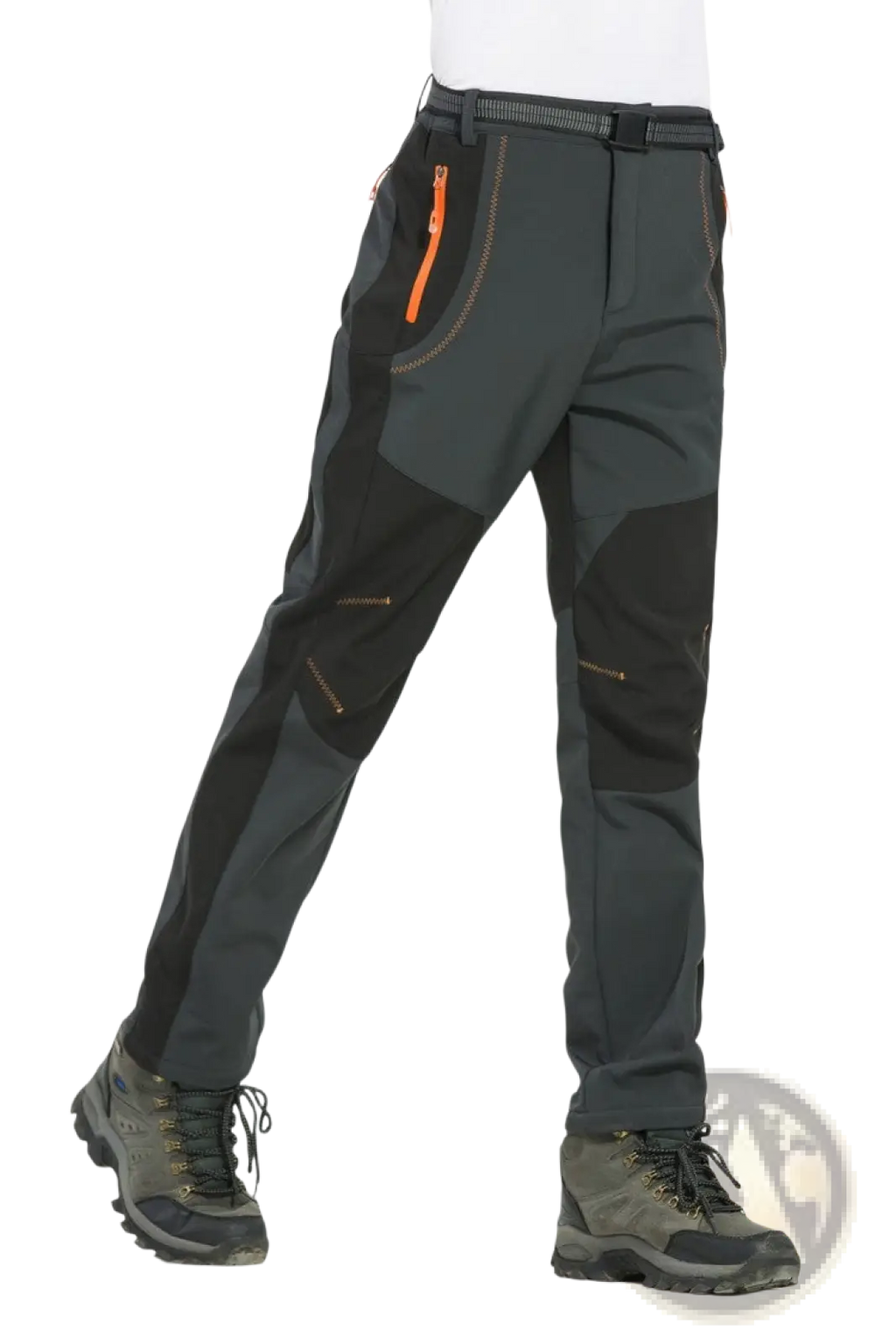 Unisex tactical outdoor hiking pants in dark gray and black with orange zipper accents for rugged use