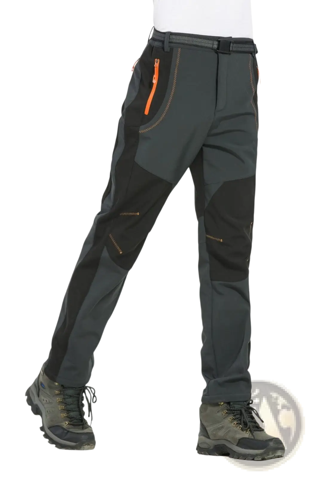 Unisex tactical outdoor hiking pants in dark gray and black with orange zipper accents for rugged use