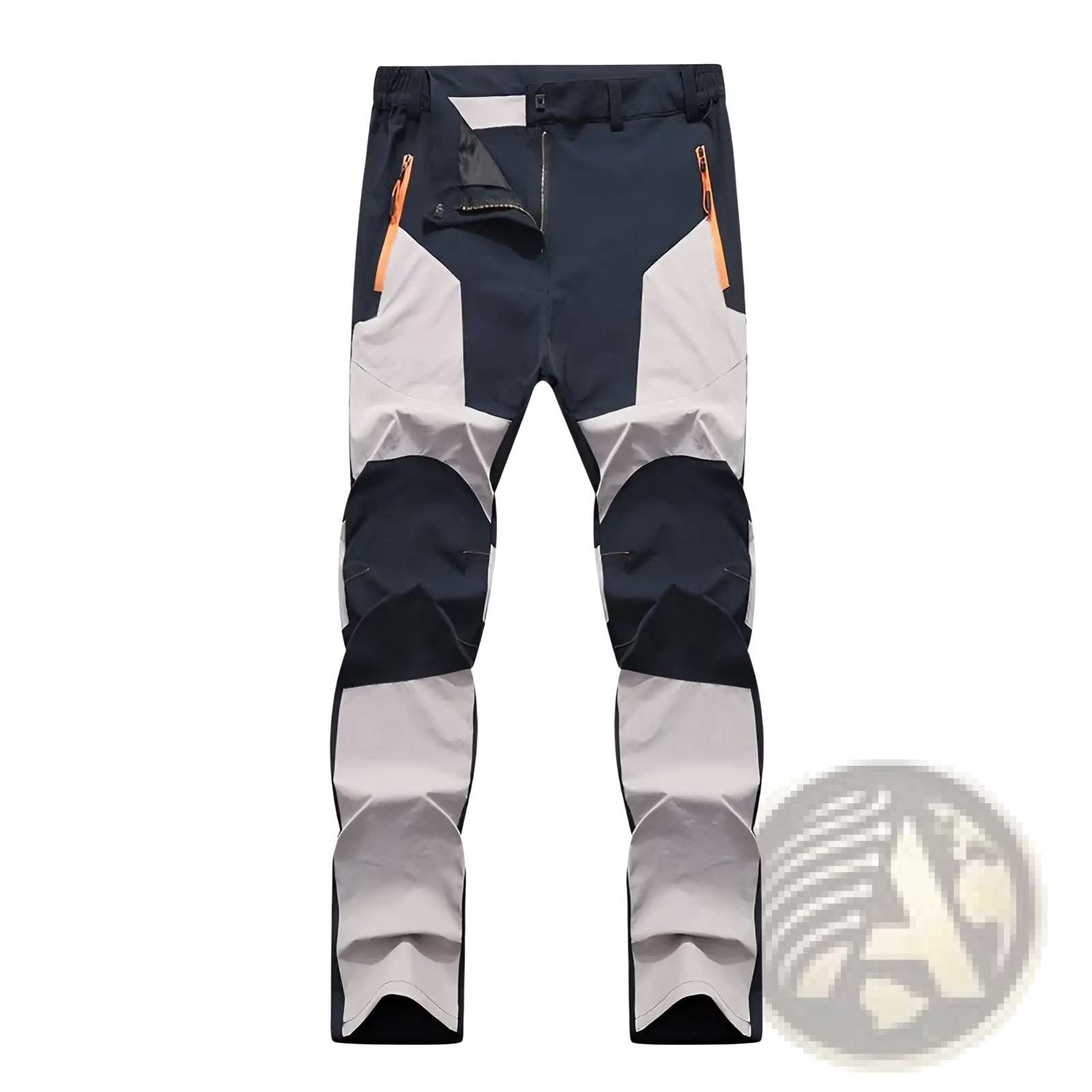 Unisex tactical outdoor hiking pants in dark navy and light gray panels with orange zipper accents