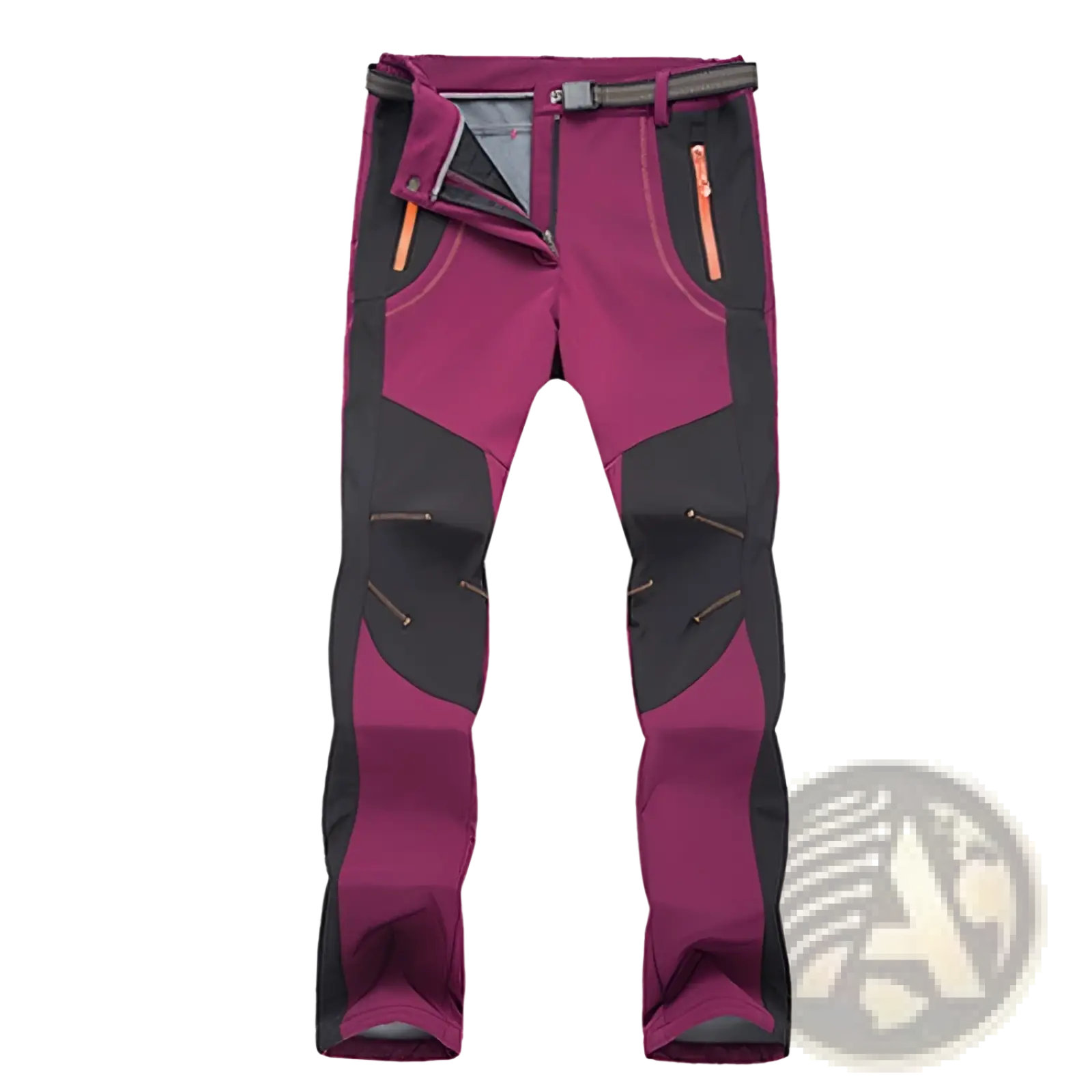 Unisex tactical outdoor hiking pants in purple and black with orange zipper accents for versatile outdoor use