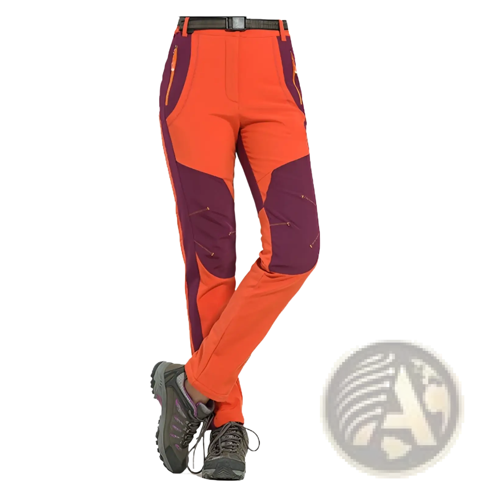 Unisex tactical outdoor hiking pants in orange and purple with reinforced panels and accent zippers for durability