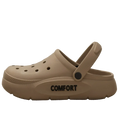 Beige unisex thick platform eva clog sandal with black comfort lettering and textured sole for casual wear