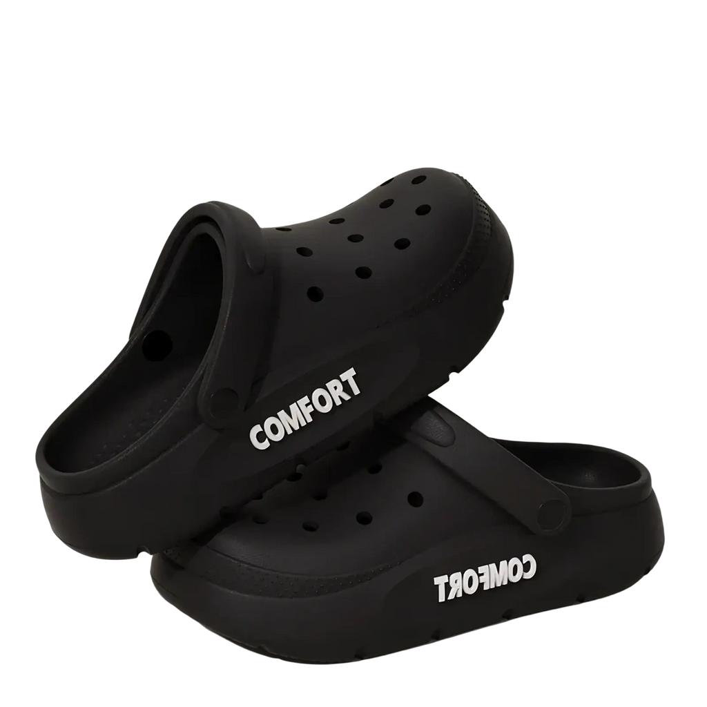 Black unisex eva clog sandals with thick cushioned sole and perforated upper for comfortable casual wear