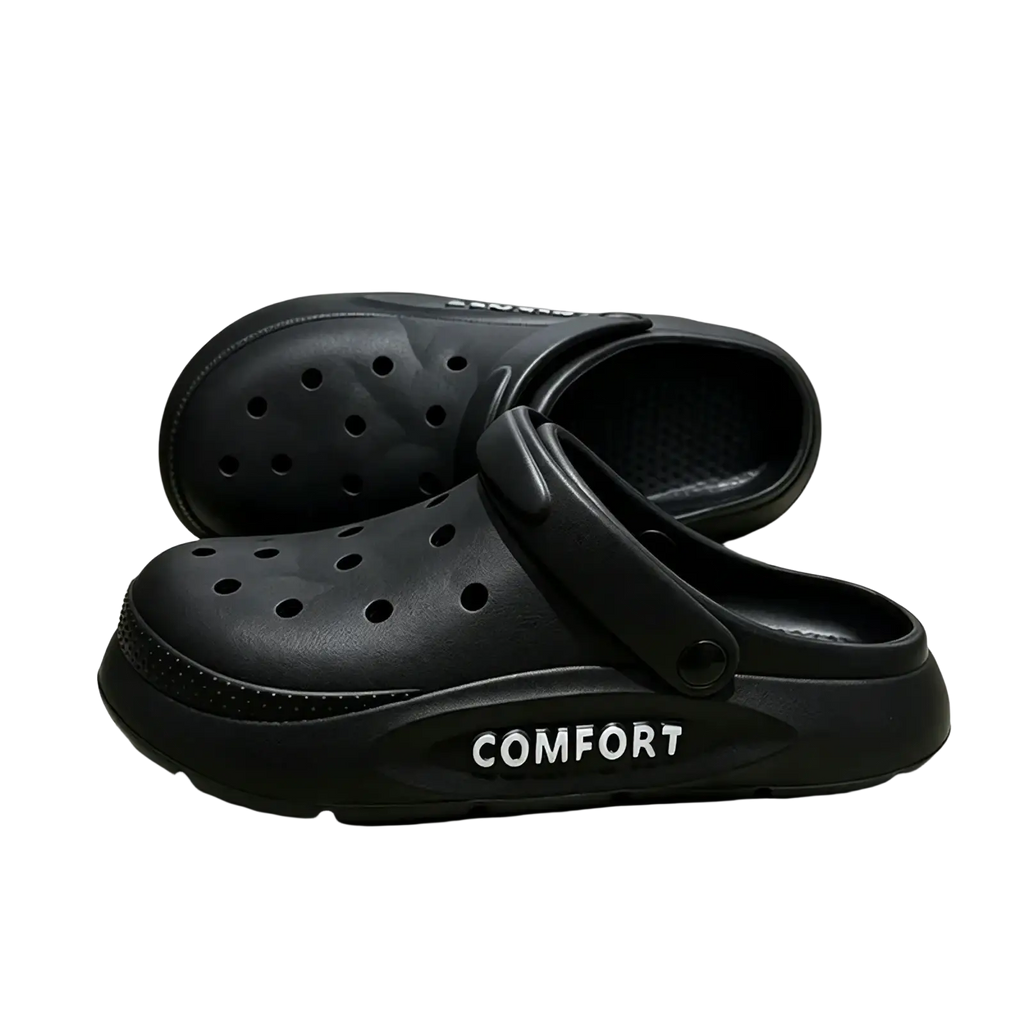 Black rubber unisex thick platform eva clog sandals with perforated upper and comfort lettering on the side