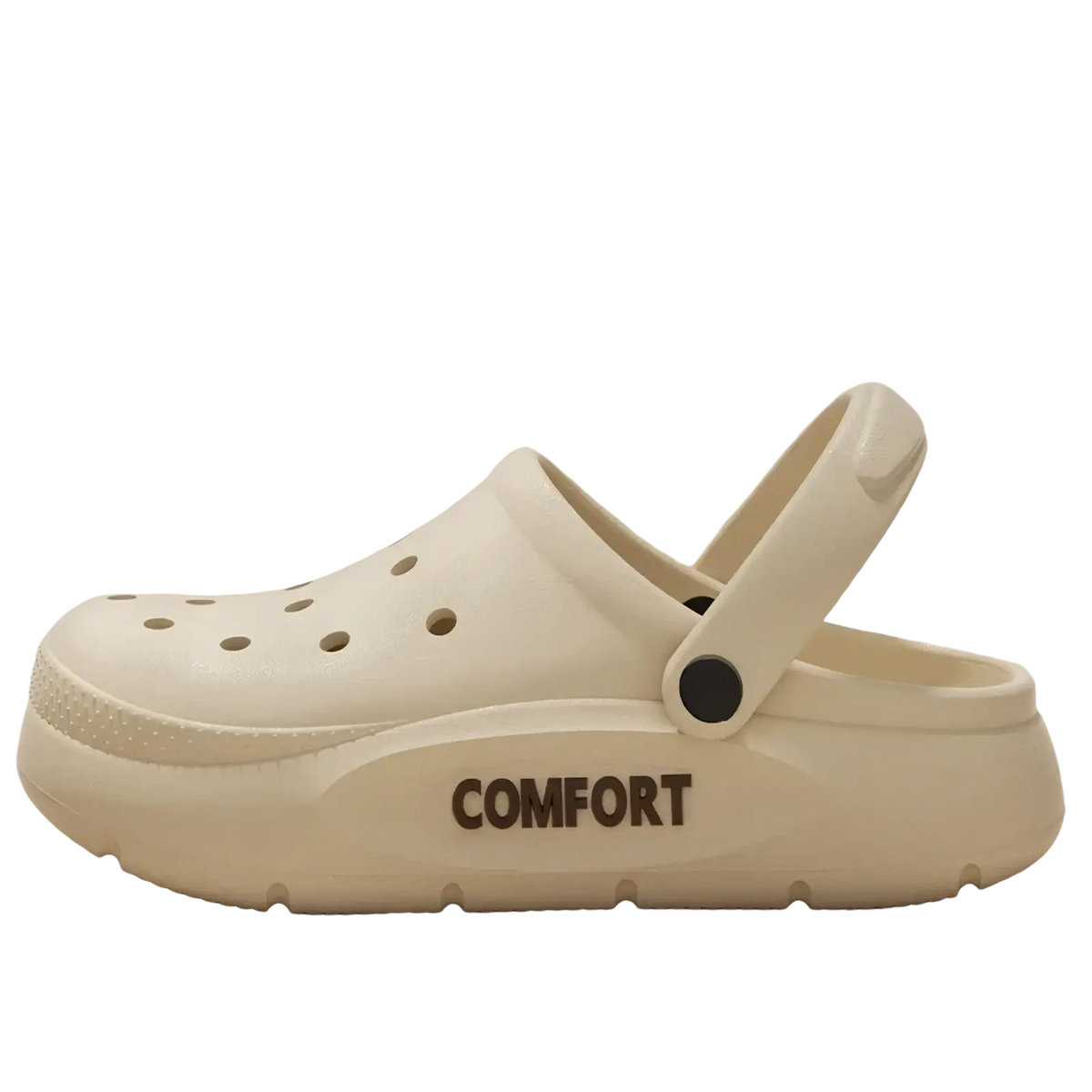 Cream-colored unisex thick platform eva clog sandals with cushioned sole and comfort embossed in dark brown on the side