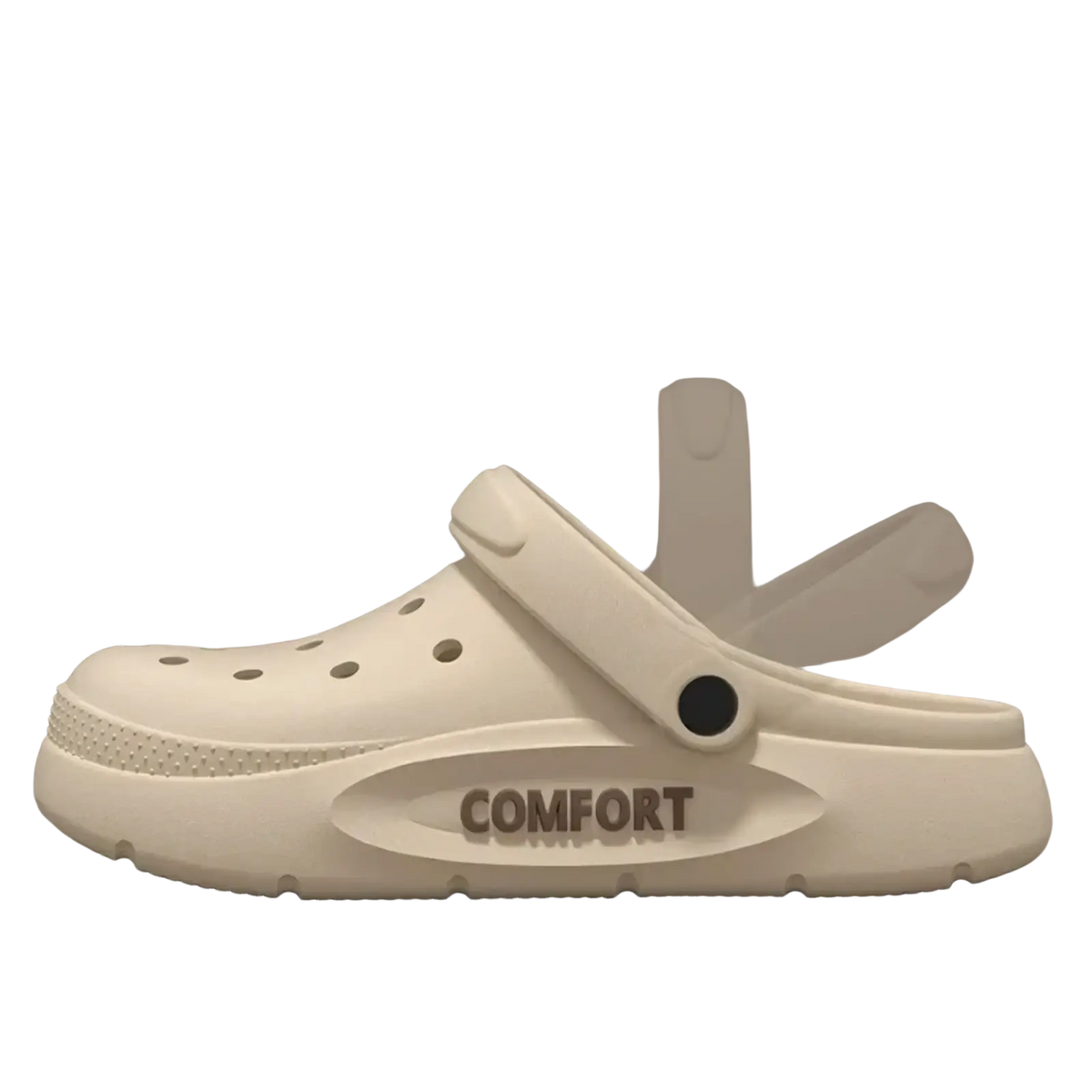 White unisex thick platform eva clog sandal with adjustable heel strap and comfort branding on the sole