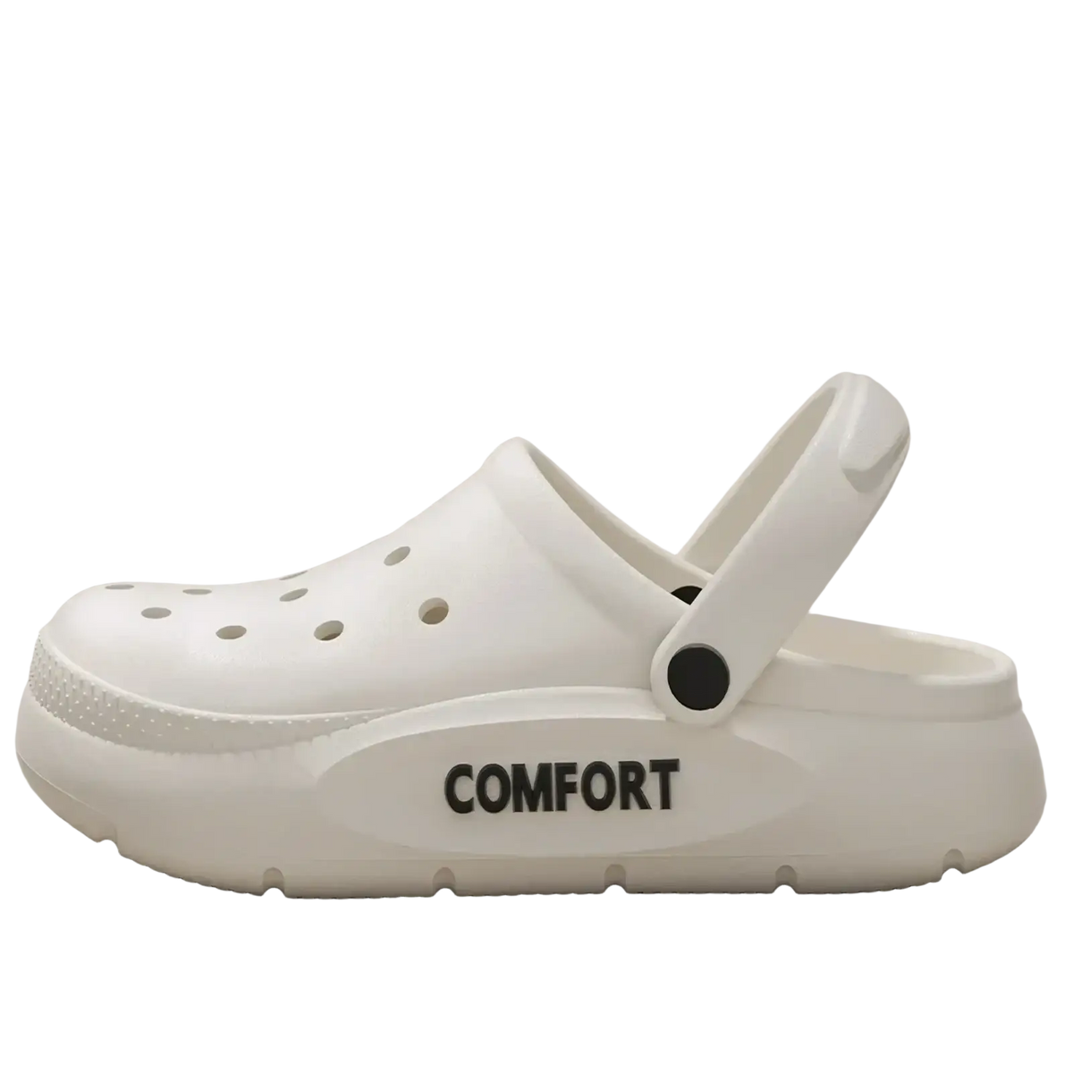 Unisex thick platform eva clog sandal in white with black comfort lettering and a thick textured sole