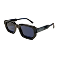 Unisex trendy futuristic rectangle sunglasses with black glossy angular frame and dark blue lenses