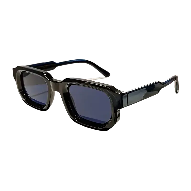 Unisex trendy futuristic rectangle sunglasses with black glossy angular frame and dark blue lenses