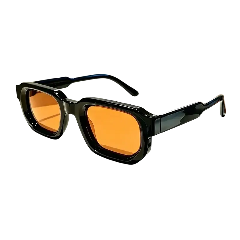Unisex trendy futuristic rectangle sunglasses with black rectangular frames and vibrant orange lenses