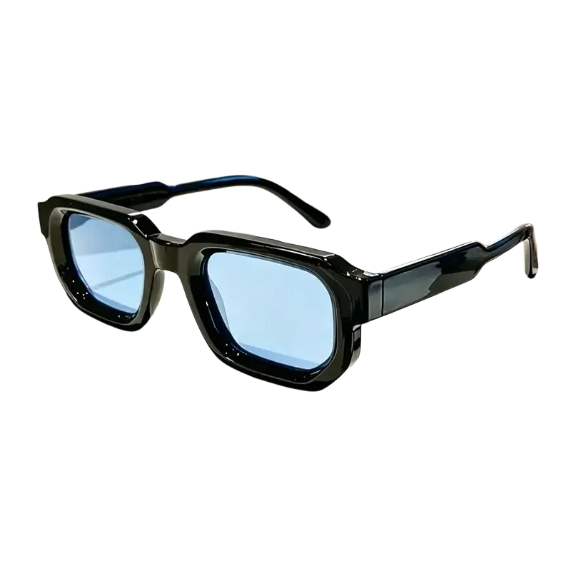Unisex trendy futuristic rectangle sunglasses with black rectangular frames and light blue tinted lenses