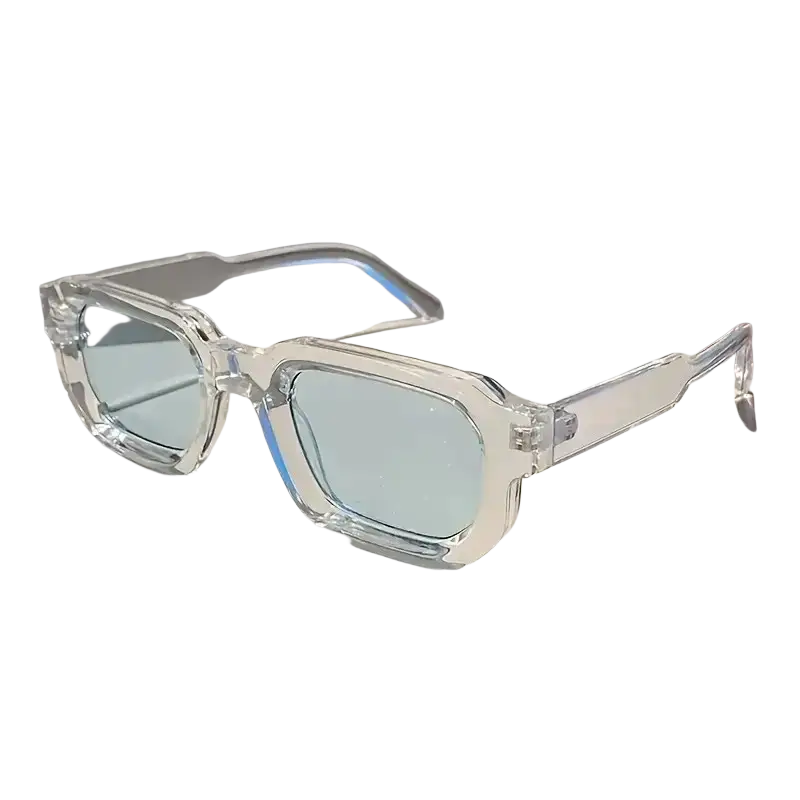 Unisex trendy futuristic rectangle sunglasses with clear acetate frame and light blue tinted lenses