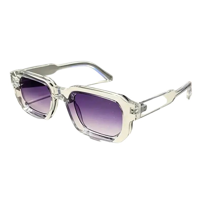 Unisex trendy futuristic rectangle sunglasses with clear frames and gradient purple lenses for stylish eye protection