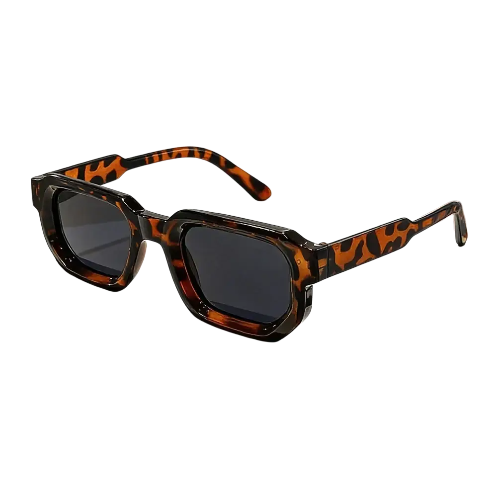 Unisex trendy futuristic rectangle sunglasses with bold tortoiseshell square frames and dark gray lenses
