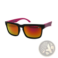 Unisex UV400 sport cycling sunglasses with black frames, vibrant pink temple arms, and gradient orange red mirrored lenses