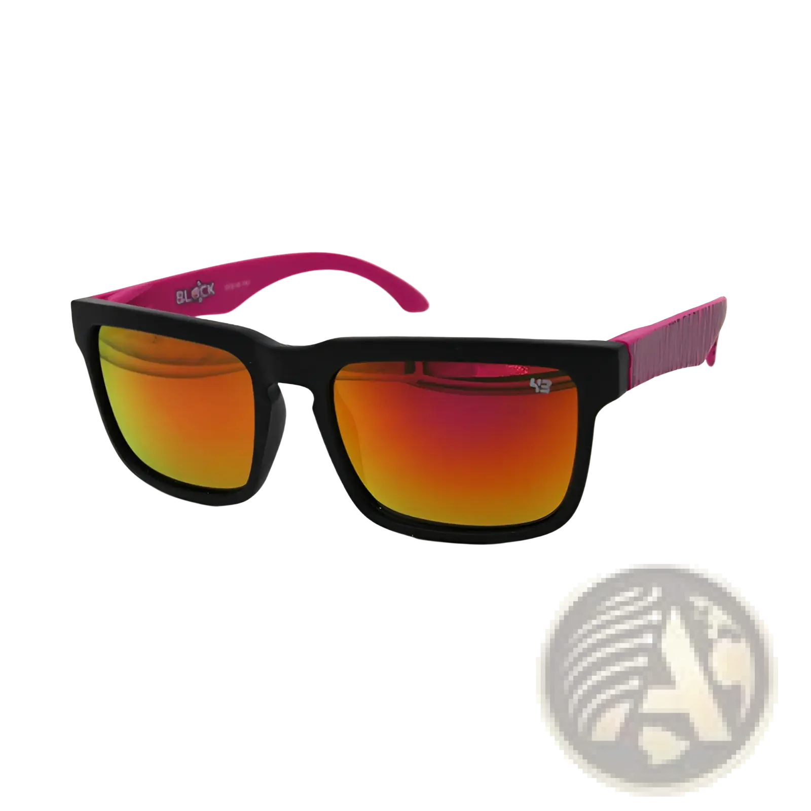 Unisex UV400 sport cycling sunglasses with black frames, vibrant pink temple arms, and gradient orange red mirrored lenses