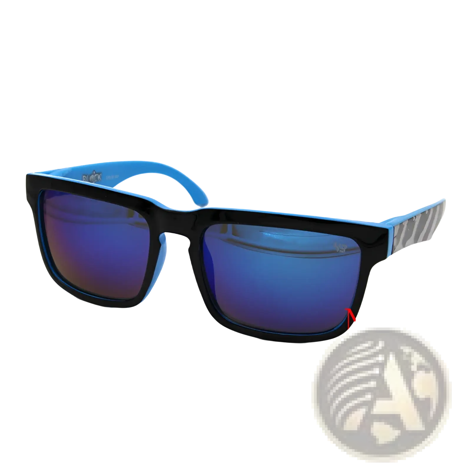 Unisex UV400 gradient mirror sport cycling sunglasses with blue and black rectangular frames and zebra-striped temple tips