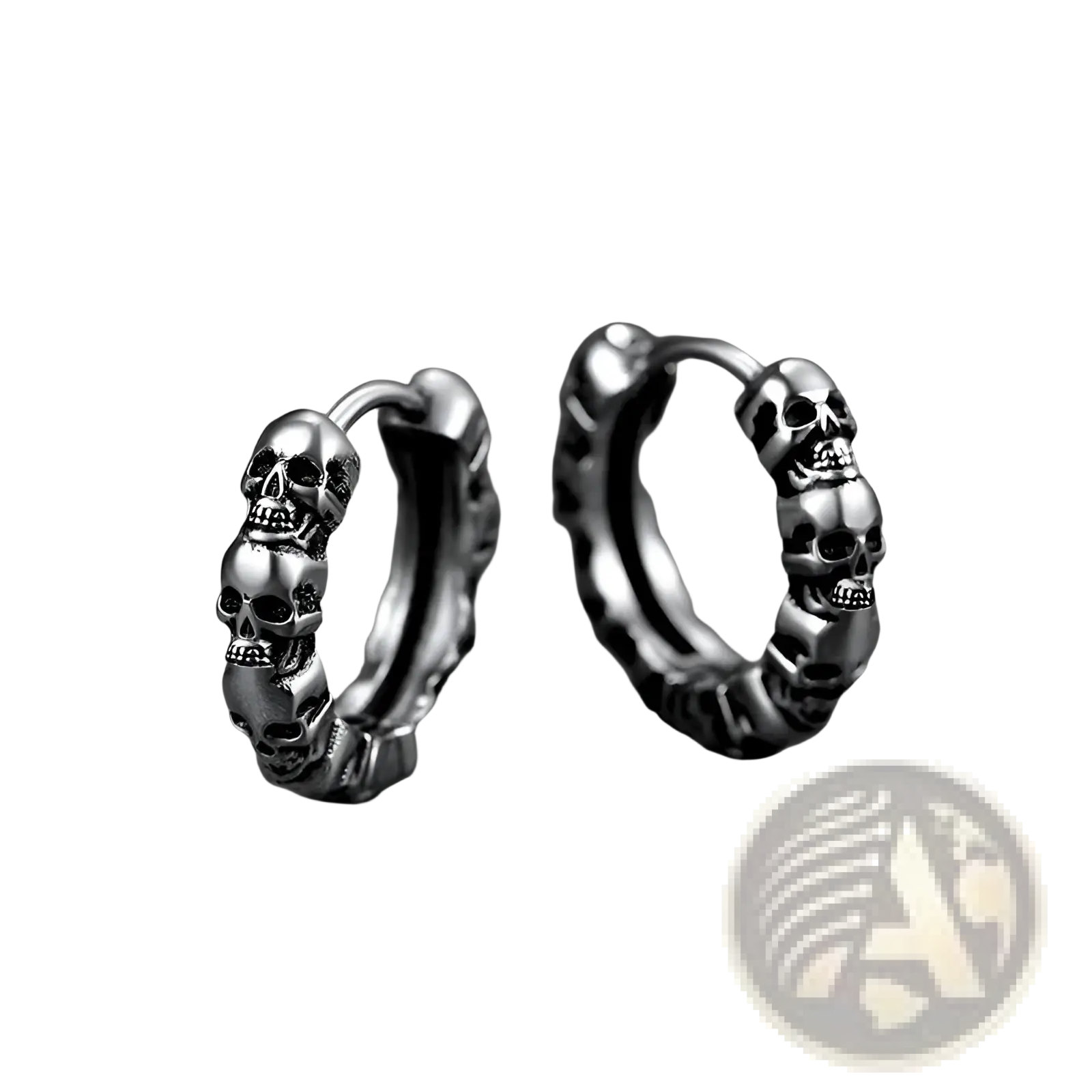 Unisex vintage textured silver skull hoop earrings featuring intricate stacked skeletal designs in silver metal