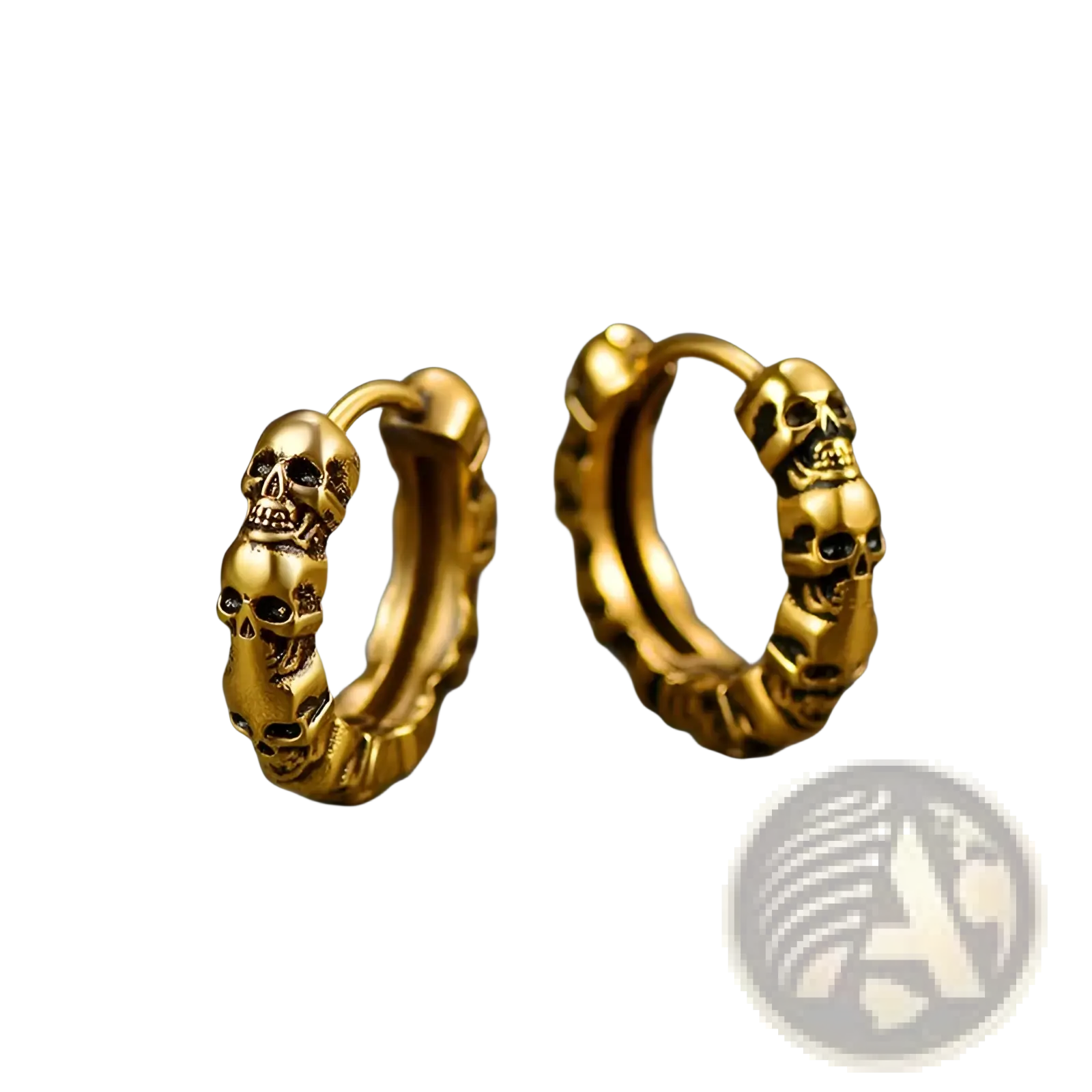 Unisex vintage textured skull hoop earrings in gold color with a metallic finish and detailed skull design