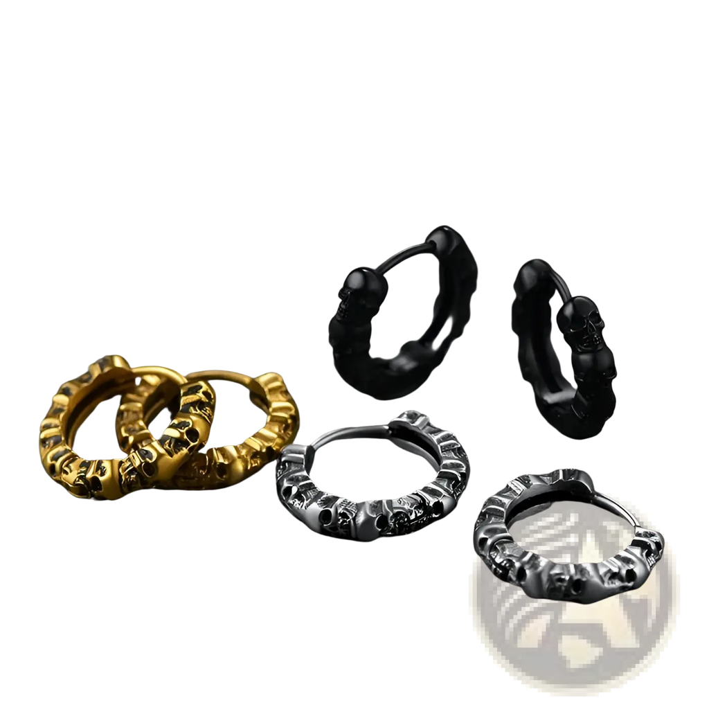 Unisex vintage textured skull hoop earrings set in gold black and silver finishes with intricate engraved designs