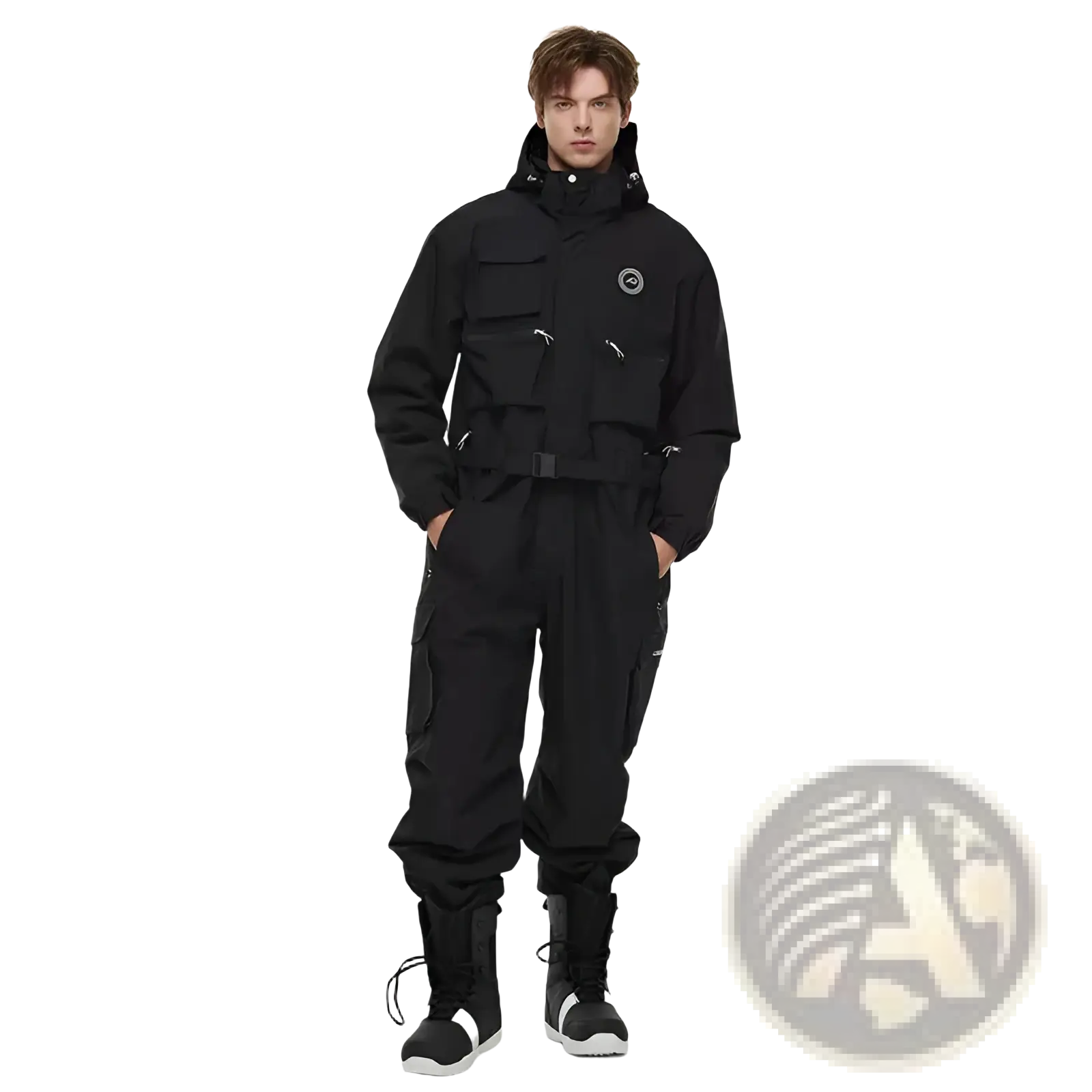 Unisex waterproof black tactical snowsuit anorak with multiple pockets and a hood for cold weather protection