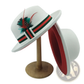 Unisex white woolen felt fedora hat with red and green striped band and colorful feather accent