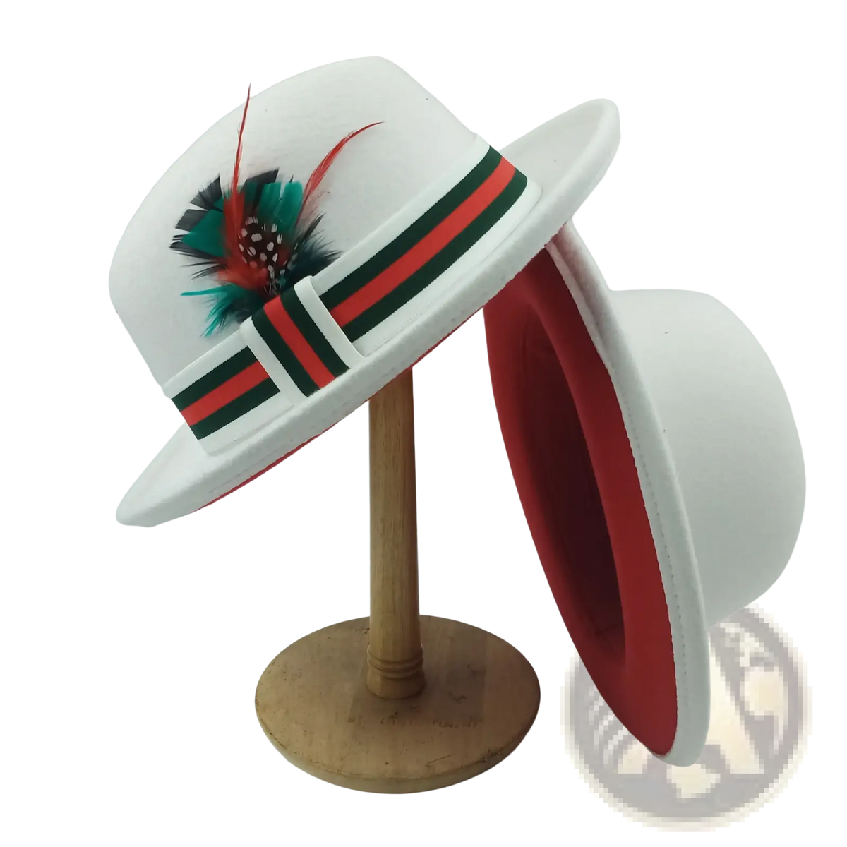 Unisex white woolen felt fedora hat with red and green striped band and colorful feather accent