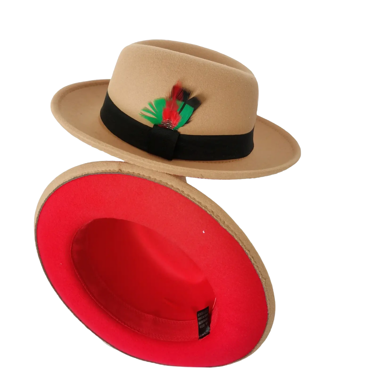 Beige woolen felt fedora hat with black ribbon band and colorful feather accent featuring vibrant red interior lining