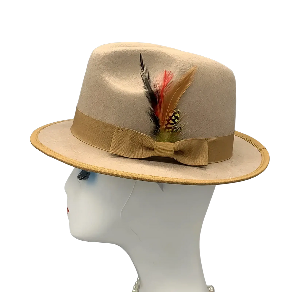 Beige unisex woolen felt fedora hat with tan ribbon bow and decorative feather accent