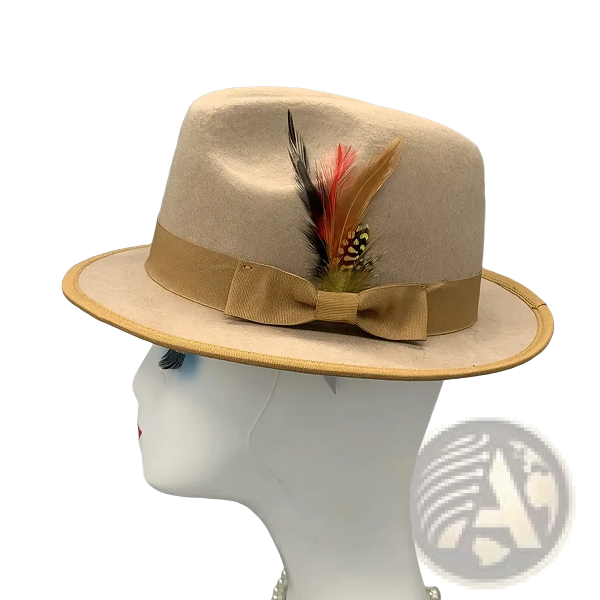 Beige unisex woolen felt fedora hat with tan ribbon bow and decorative feather accent