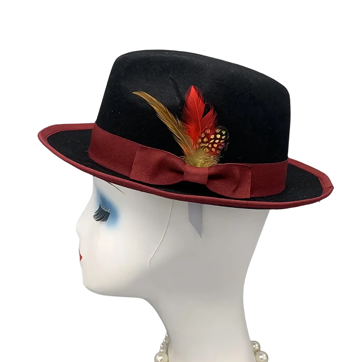 Unisex woolen felt fedora hat in black with burgundy ribbon bow and red and gold feather accent