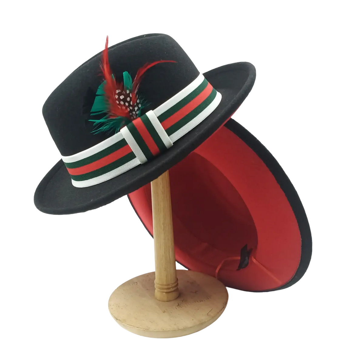 Unisex black woolen felt fedora hat with red green and white striped band and decorative feather accent