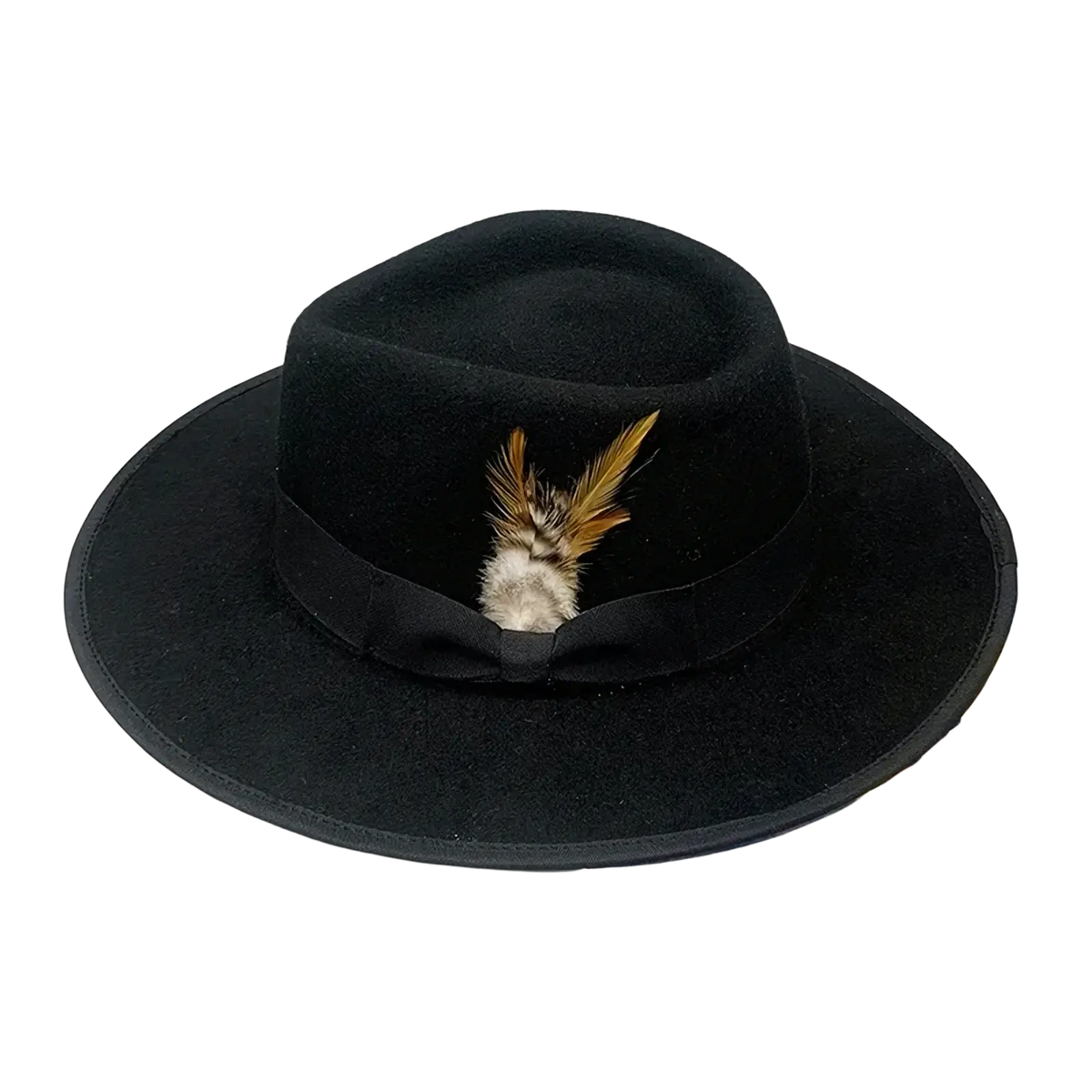 Unisex black woolen felt fedora hat with a decorative feather accent on the center of its band