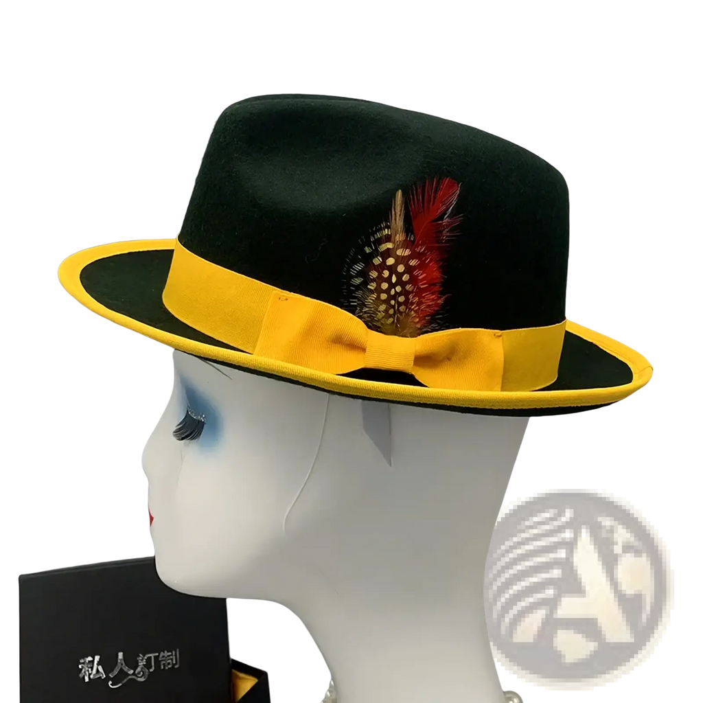 Unisex black woolen felt fedora hat with bright yellow ribbon band and decorative red and white feather accent