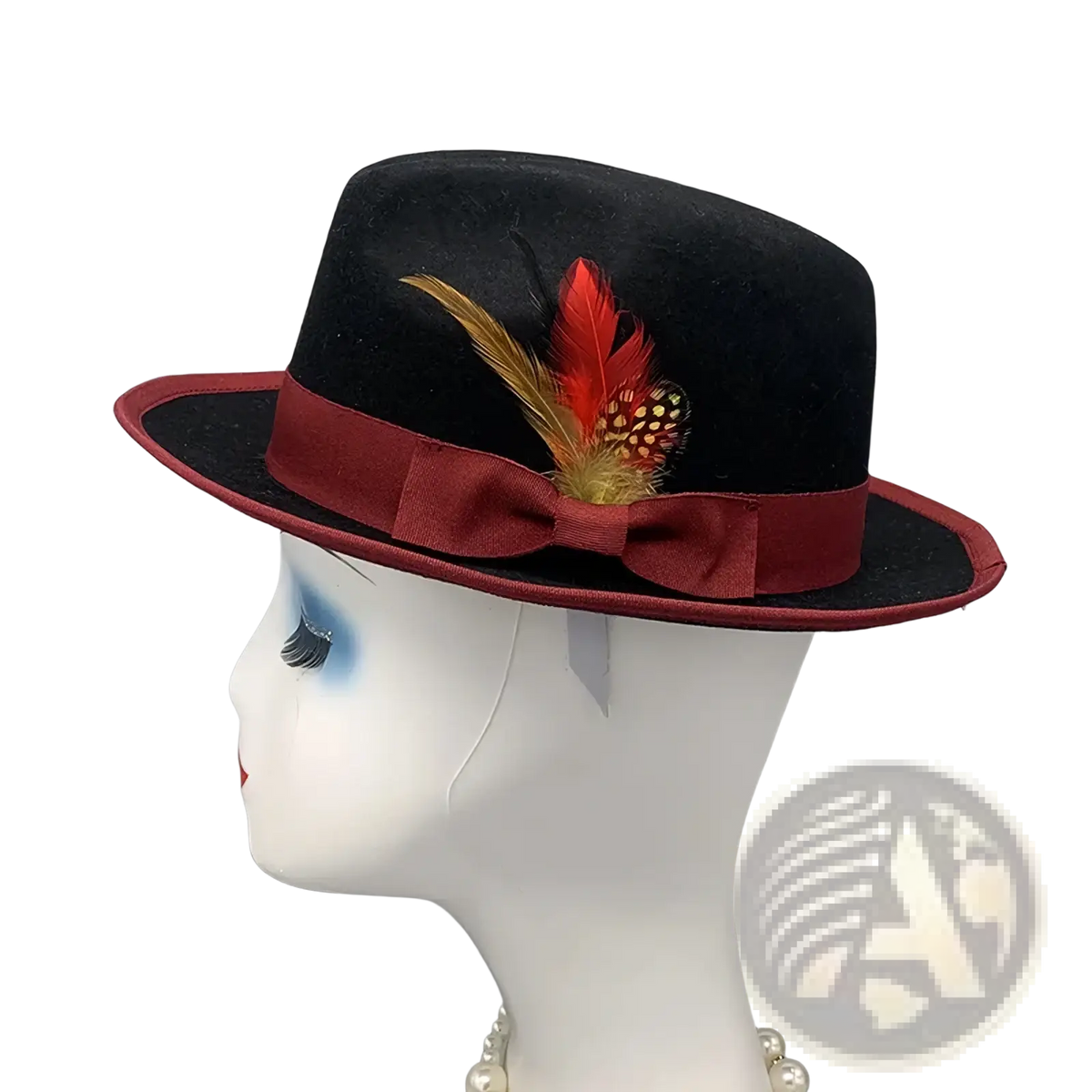 Unisex woolen felt fedora hat in black with burgundy ribbon bow and red and gold feather accent
