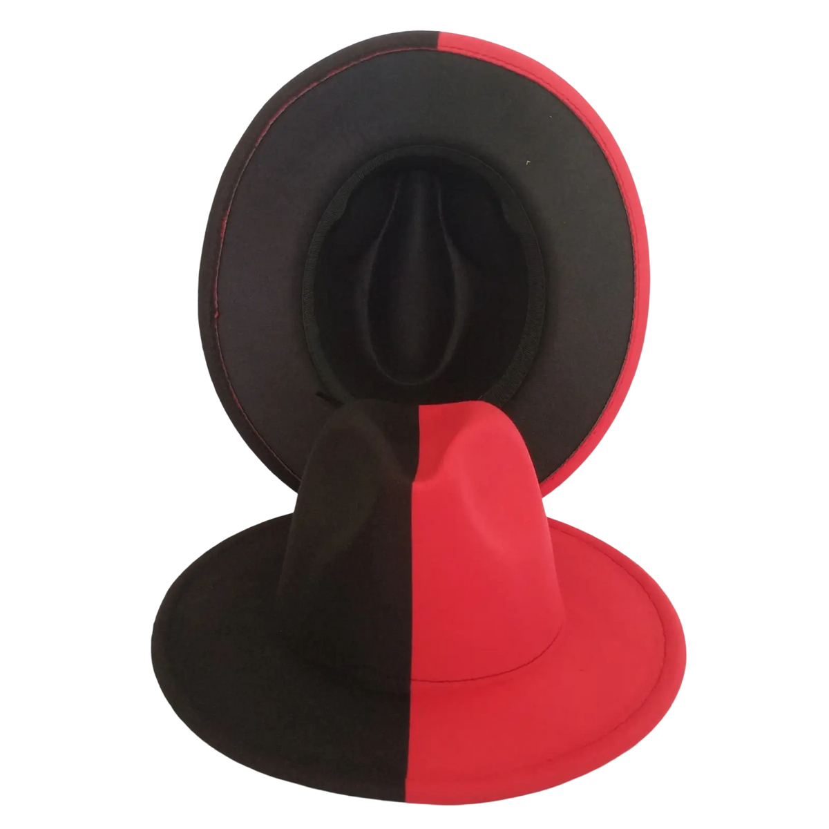 Unisex woolen felt fedora hat in bold black and red two-tone design with feather accent crafted from felt material