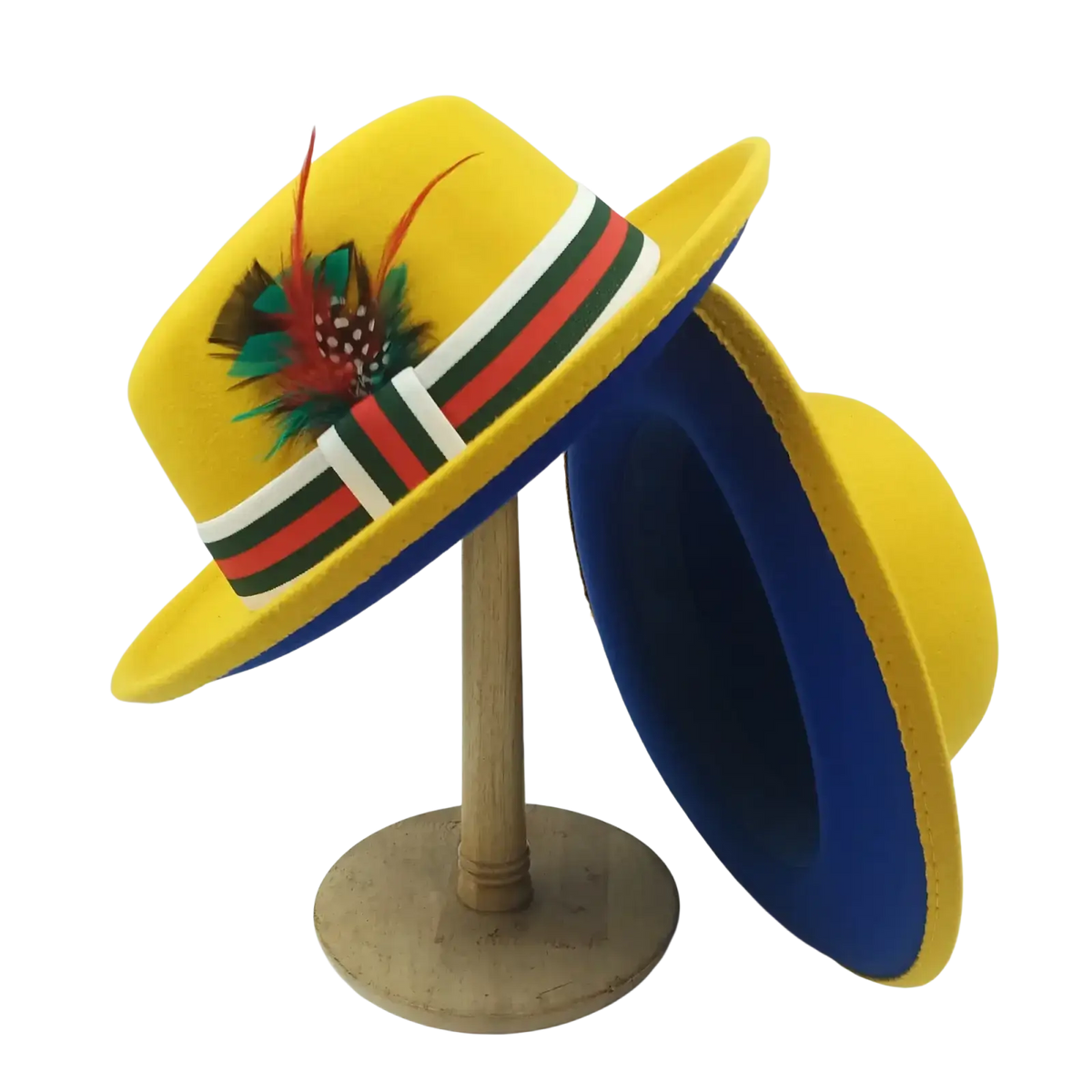 Bright yellow unisex woolen felt fedora hat with colorful feather accent and blue interior featuring a striped ribbon band