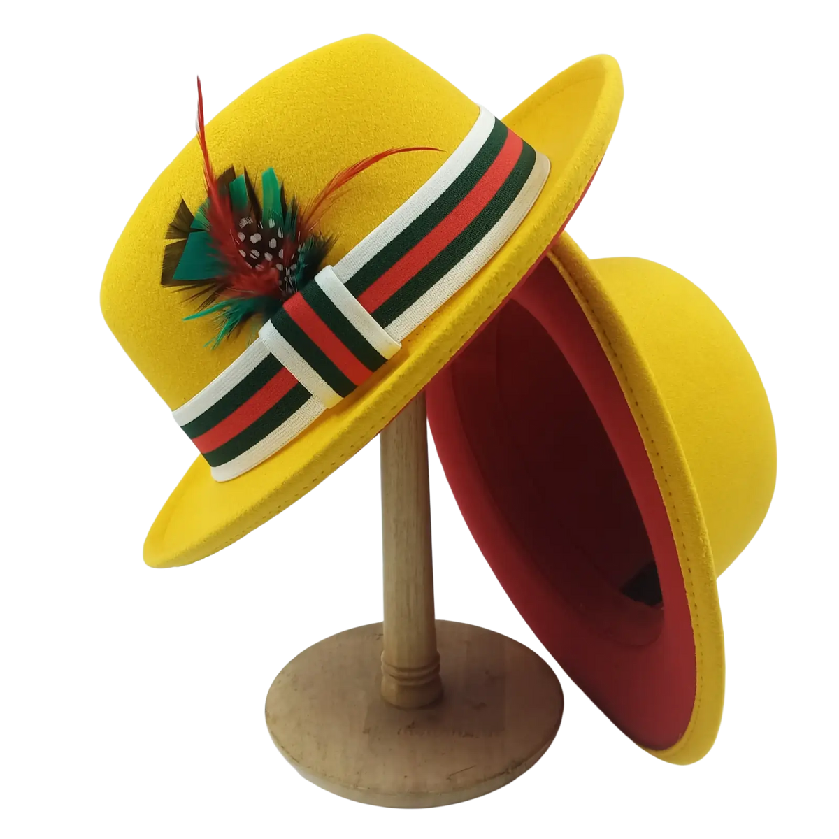 Unisex bright yellow woolen felt fedora hat with red and green striped ribbon band and colorful feather accent