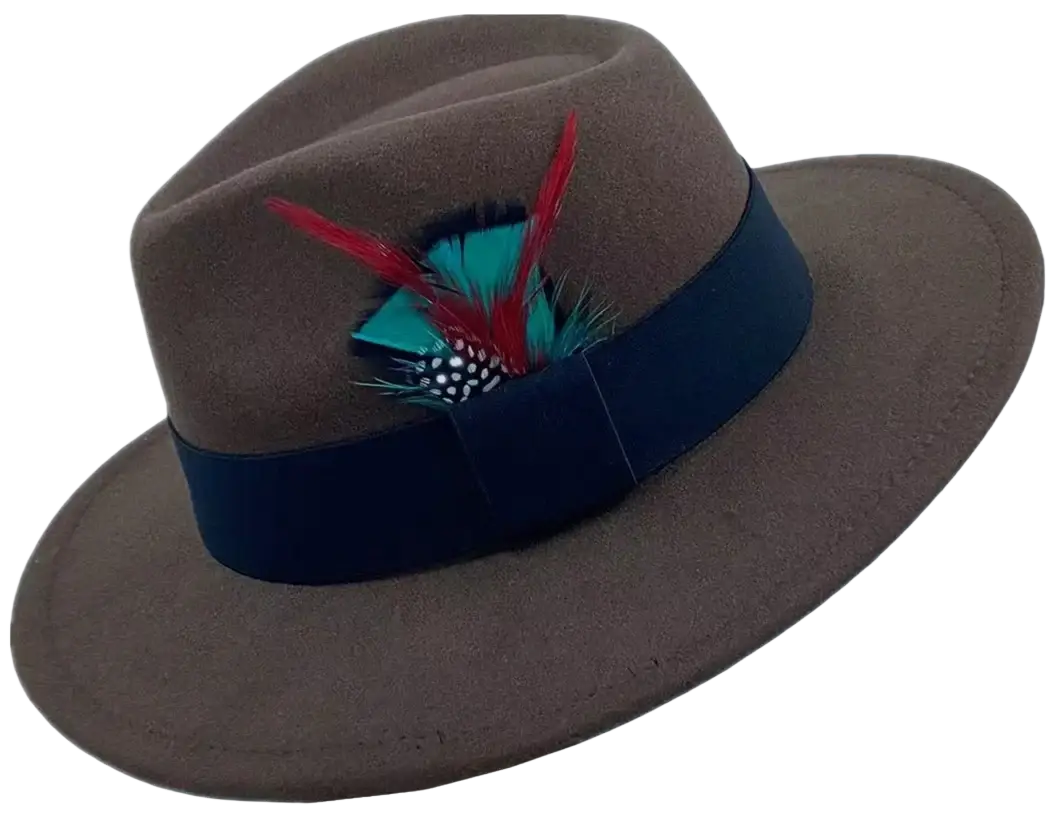 Unisex woolen felt fedora hat in brown with navy blue ribbon band and red teal white feather accent