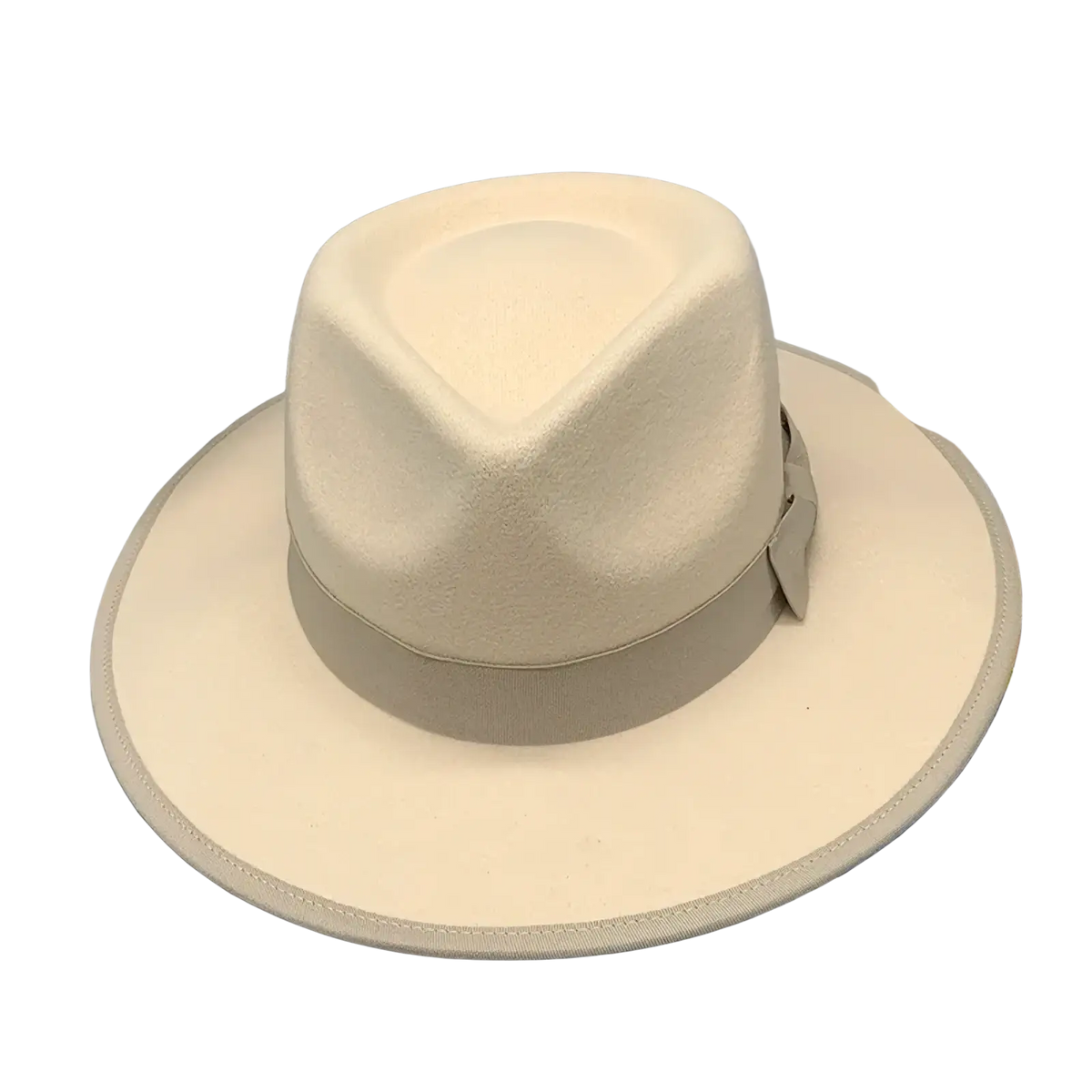 Cream-colored unisex woolen felt fedora hat with matching ribbon band and subtle stitching details with feather accent