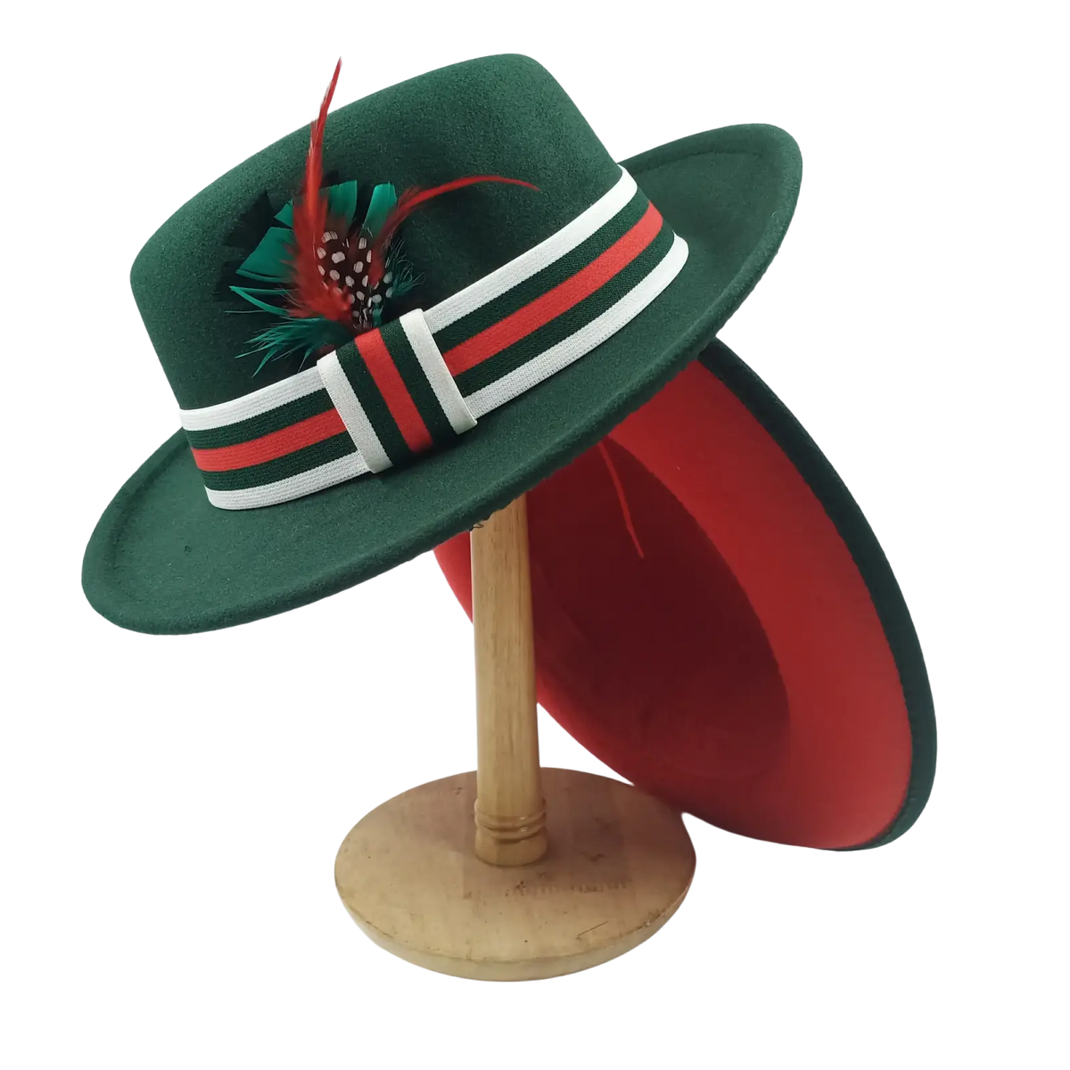 Unisex dark green woolen felt fedora hat with red and white striped band and decorative feather accent