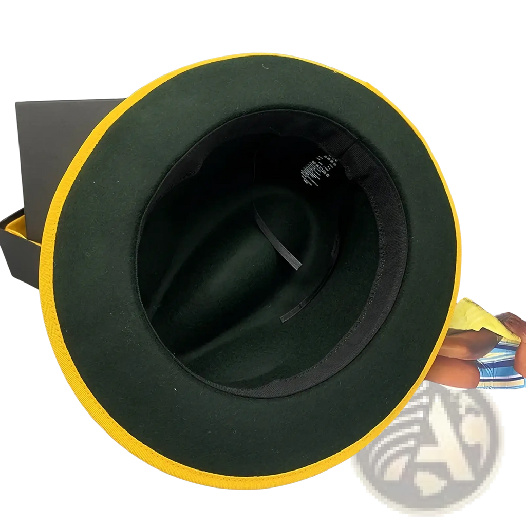 Dark green unisex woolen felt fedora hat with bright yellow trim and feather accent
