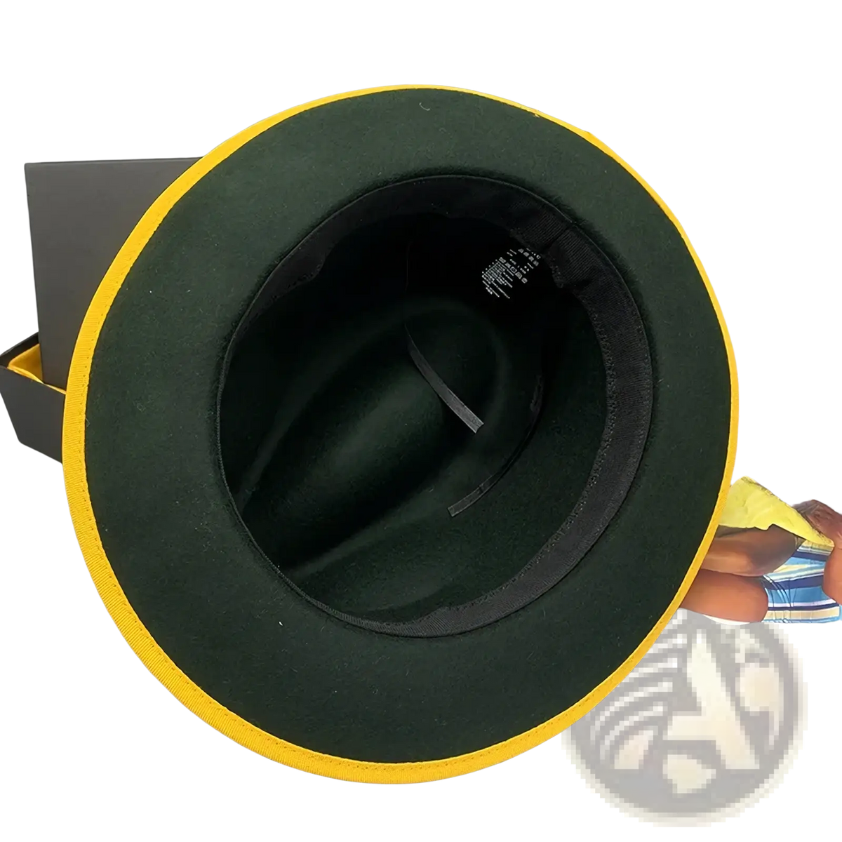 Dark green unisex woolen felt fedora hat with bright yellow trim and feather accent