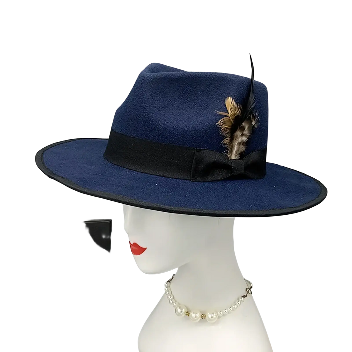 Unisex deep navy woolen felt fedora hat with black satin ribbon bow and decorative feather accent