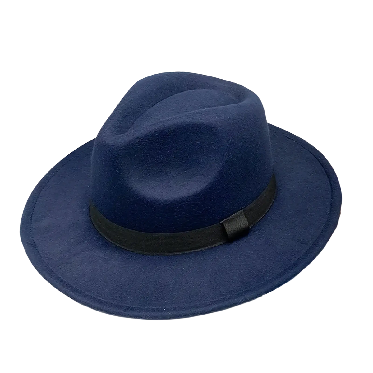 Unisex deep navy woolen felt fedora hat with sleek black ribbon band and feather accent for stylish wear