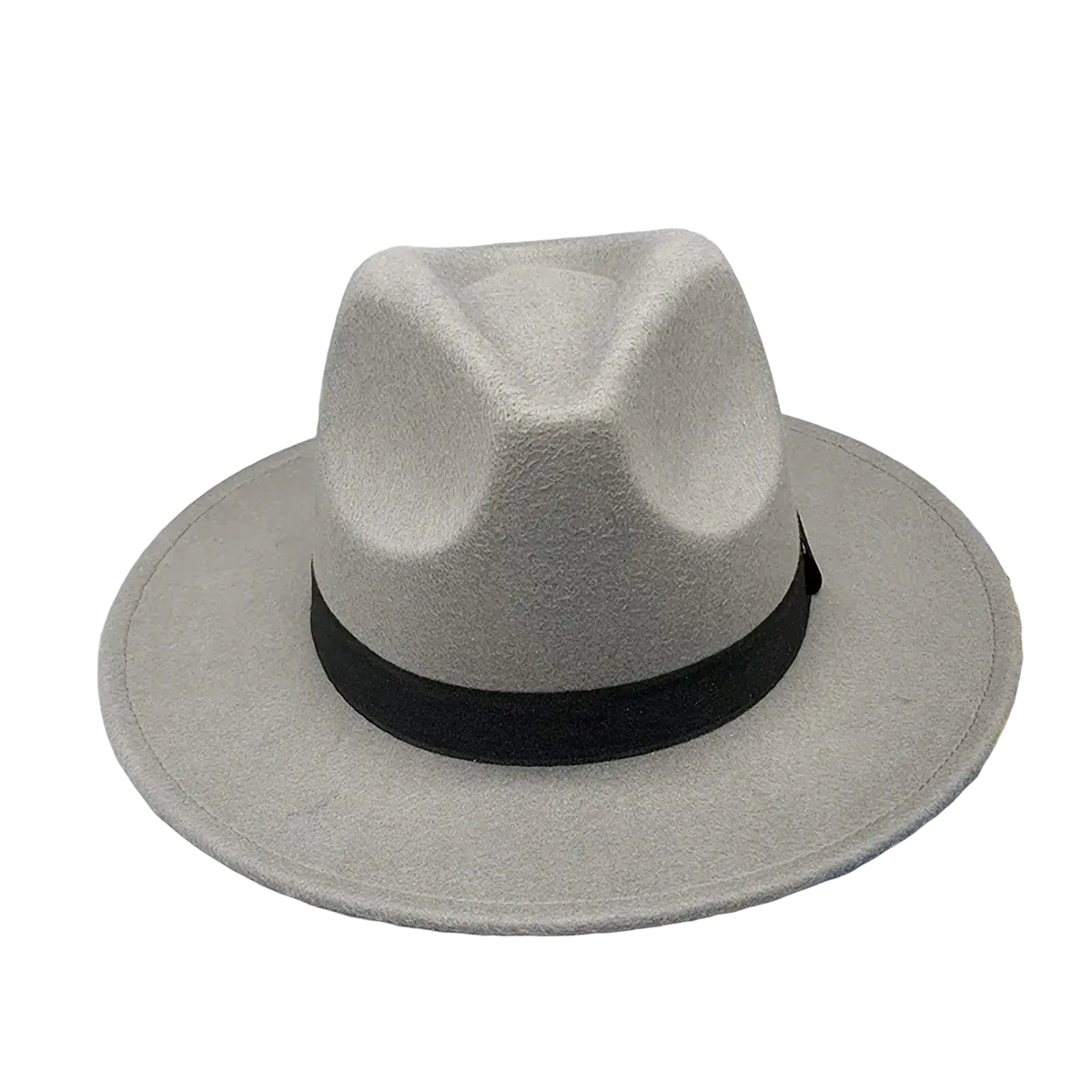 Unisex woolen gray felt fedora hat with black band and feather accent suitable for stylish formal wear