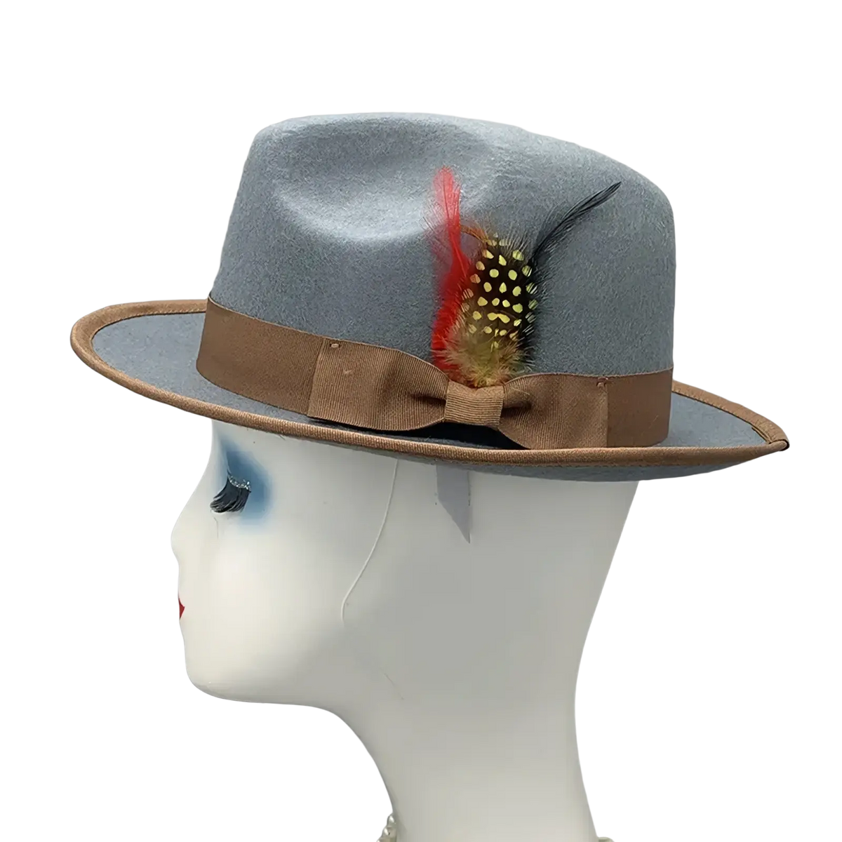Unisex gray woolen felt fedora hat with brown ribbon bow and decorative feather accent visible from the side