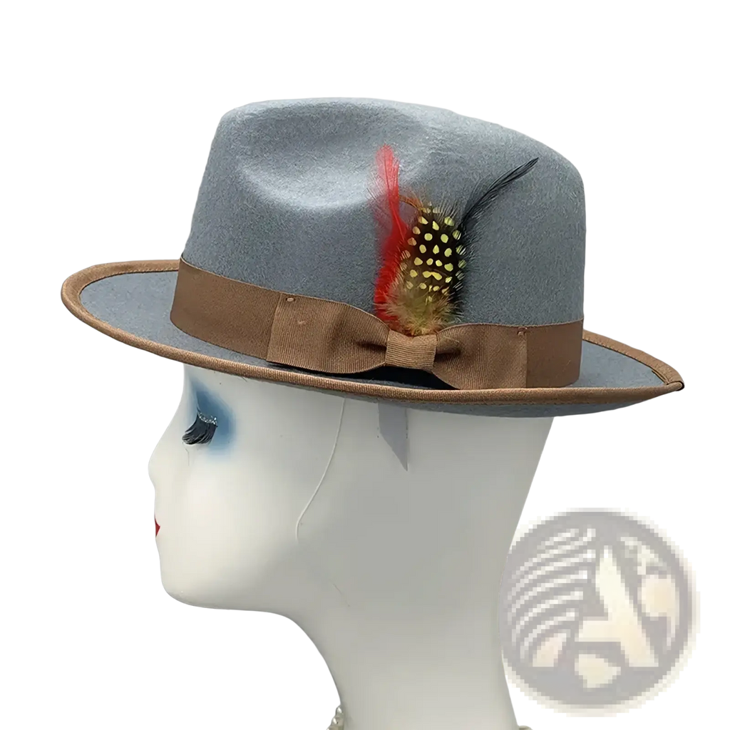 Unisex gray woolen felt fedora hat with brown ribbon bow and decorative feather accent visible from the side