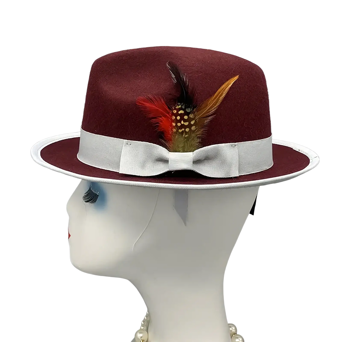 Maroon unisex woolen felt fedora hat with white ribbon bow and decorative feather accent displayed from front angle
