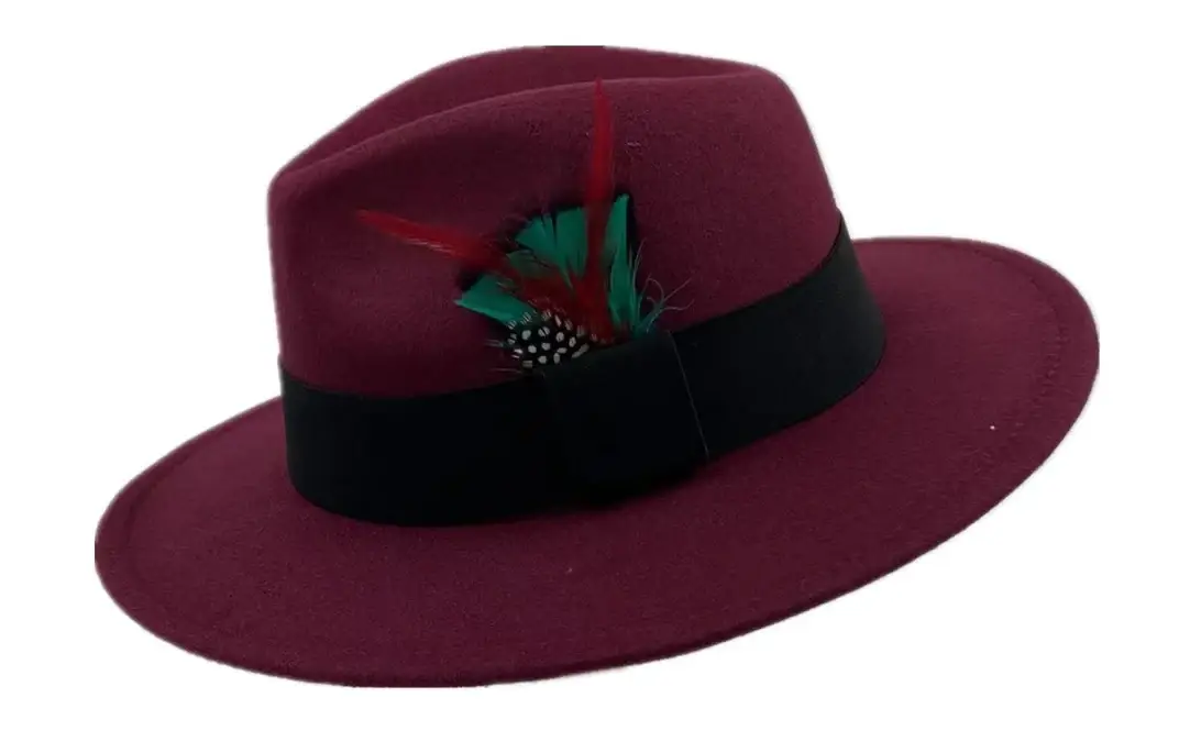 Unisex woolen felt fedora hat in maroon with black ribbon band and decorative red and teal feather accent